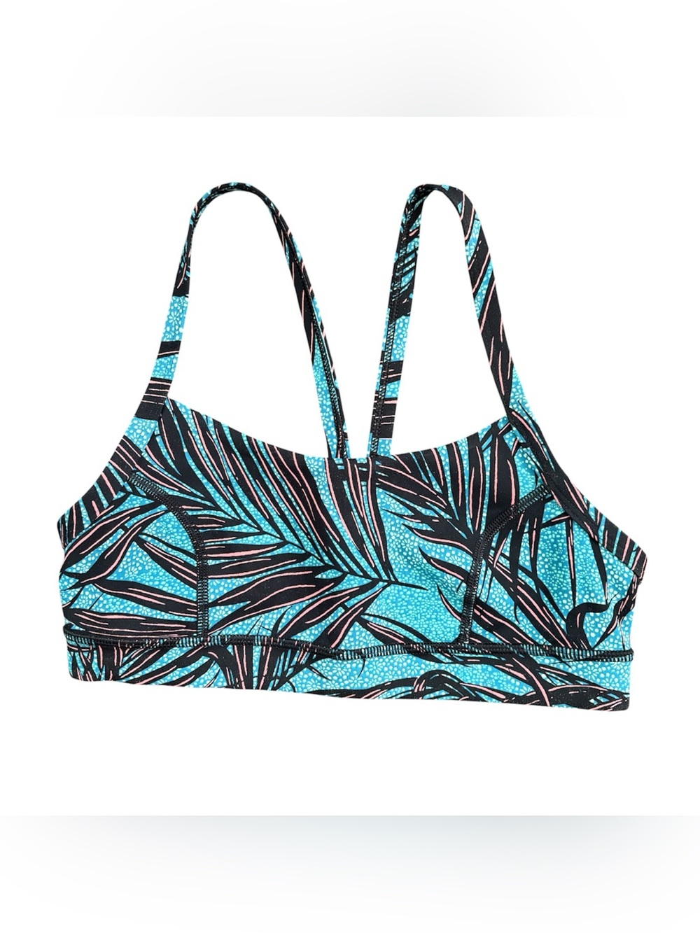 Lululemon tropical sports bra black blue leaves athletic casual comfy preppy 6